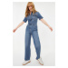 Trendyol Blue Short Sleeve Denim Jumpsuit