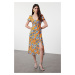 Trendyol Orange Flower Patterned A-Line Short Sleeve Maxi Woven Dress