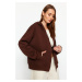 Trendyol Brown Oversize/Comfortable Fit Basic Hooded Knitted Sweatshirt with Fleece Inside