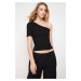 Trendyol Black Single Sleeve Fitted Corduroy Cotton Stretchy Knitted Blouse