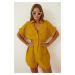 Happiness İstanbul Women's Mustard Linen Viscose Jumpsuit with Shorts TO0009