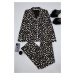 Trendyol Black 100% Cotton Leopard Patterned Shirt-Pants Knitted Pajama Set