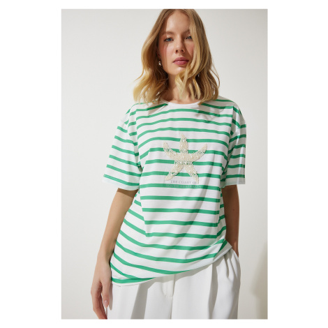 Happiness İstanbul Women's Green White Striped Star Pearl Embroidered Oversize Knitted T-Shirt