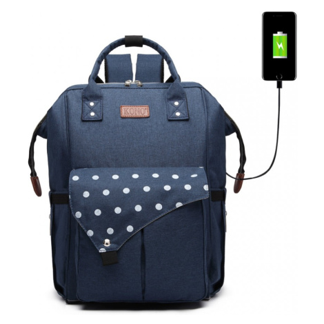 KONO Prebalovací batoh na kočík Polka s USB portom - modrý bodkovaný