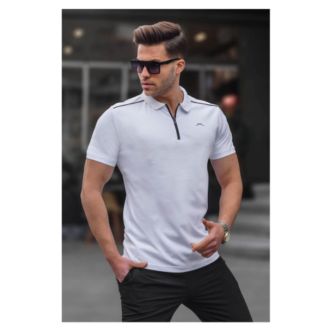 Madmext Men's White Basic Zippered Polo T-Shirt 6076