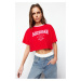 Trendyol Red 100% Cotton Slogan Printed Relaxed Crop Crew Neck Knitted T-Shirt