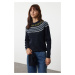 Trendyol Navy Blue Soft Textured Ethnic Patterned Sweater-Beret Knitwear Sweater