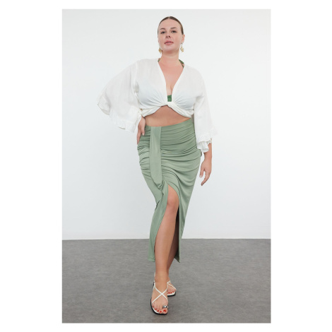 Trendyol Curve Khaki Maxi Length Sandy Slit Detailed Beach Wear Knitted Skirt