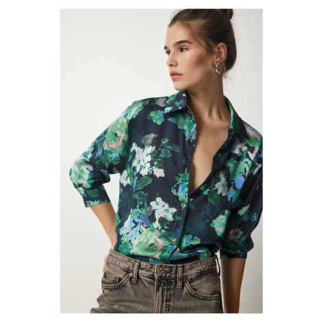 Happiness İstanbul Women's Black Green Patterned Flowy Shirt