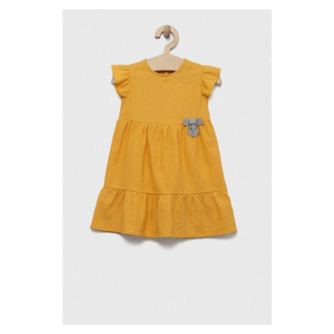 Ľanové šaty pre bábätká Birba&Trybeyond x Peanuts žltá farba, mini, áčkový strih