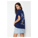 Trendyol Navy Blue 100% Cotton Printed Oversize/Wide Fit Crew Neck Knitted T-Shirt