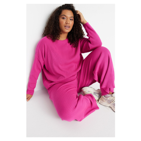 Trendyol Curve Fuchsia Ribbed Crew Neck Knitwear Sweater Trousers Set