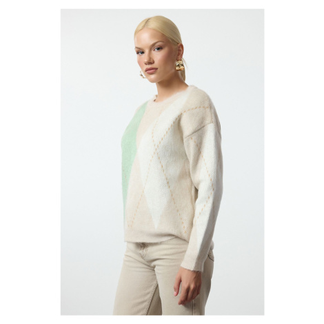 Trendyol Stone Soft Textured Diamond Patterned Crew Neck Knitwear Sweater