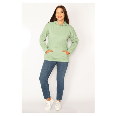 Şans Women's Plus Size Green Hooded Kangaroo Sweatshirt with Pocket and Rayon