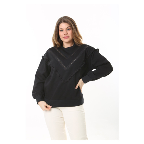 Şans Women's Plus Size Black Lace And Ruffle Detail Inner Raising Sweatshirt