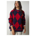 Happiness İstanbul Women's Red Diamond Pattern Oversize Knitwear Sweater