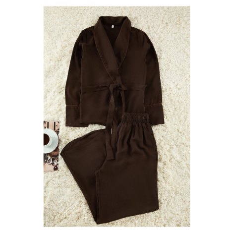 Trendyol Brown Belted Piping Detail Double Breasted Viscose Woven Pajamas Set