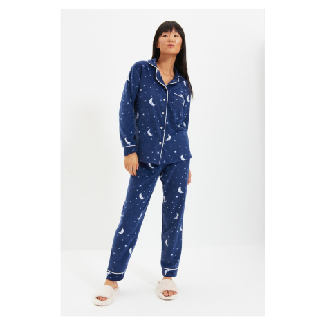 Trendyol Navy Blue Moon Pattern Knitted Pajamas Set