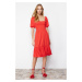 Trendyol Vivid Red Waist Drop/Skater Square Neck Balloon Sleeve Midi Crepe Knit Dress