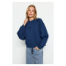 Trendyol Indigo Crew Neck Regular Fit Embroidered Thick Inside Fleece Knitted Sweatshirt