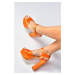 Fox Shoes Orange Satin Fabric Platform Heels, Women's Evening Dress Shoes