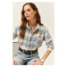 Olalook Women's Baby Blue Lilac Single Pocket Plaid Lumberjack Shirt