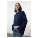 Trendyol Navy Blue Thick Fleece Inside Relaxed Cut Crop Spanish Sleeve Hooded Knitted Sweatshirt