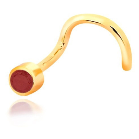 Piercing do nosa zo žltého 14K zlata - zahnutý tvar, červený rubín v objímke