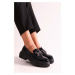 Shoeberry Women's Rex Black Patent Leather Thick Sole Buckled Loafers Black Patent Leather.