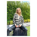 Trend Alaçatı Stili Women's Ecru-Black Polo Neck Striped Laced Oversize Knitwear Sweater