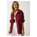 Happiness İstanbul Women's Burgundy Striped Pocket Viscose Shirt