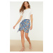 Trendyol Blue Mini Weave Tie Detailed Double Breasted Floral Print Skirt