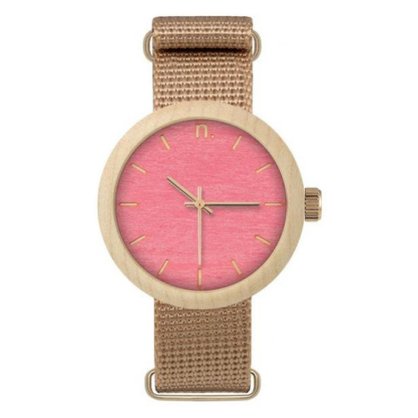 Drevené dámske hodinky béžovo-ružovej farby s textilným remienkom