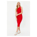 Trendyol Red Halter Neck Body Fitted Ribbed Flexible Midi Knitted Dress