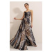By Saygı Lined Leopard Pattern Satin Long Dress With Rope Straps Black
