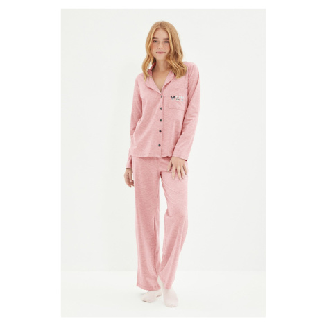 Trendyol Pink Piping and Pocket Detailed Printed Knitted Pajama Set