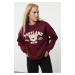 Trendyol Burgundy Printed Oversize/Wide Fit Crew Neck Thick Knitted Sweatshirt