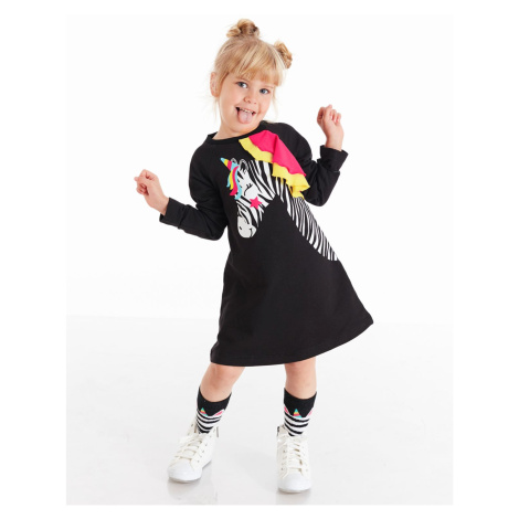 Denokids Black Unicorn Zebra Girl's Long Sleeve Ruffle Detailed Dress