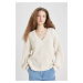 DEFACTO Back to School Oversize Fit Wide Pattern V Neck Basic Plain Knitwear Sweater