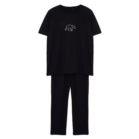 Trendyol Men's Black Regular Fit Embroidered Knitted Pajama Set