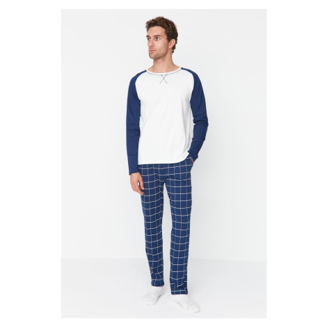 Trendyol Navy Blue 100% Cotton Plaid Knitted 100% Cotton Pajama Set