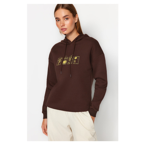 Trendyol Brown Printed Hoodie and Knitted Sweatshirt with Fleece Inside