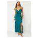 Trendyol Emerald Green Belted A-Cut Lined Pleated Knitted Elegant Evening Dress