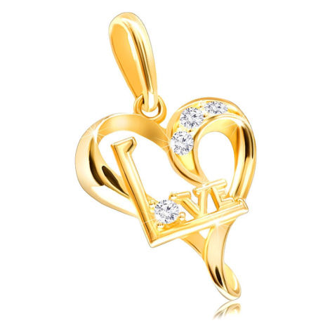 Diamantový prívesok zo žltého 14K zlata - srdce s nápisom "LOVE", číre brilianty