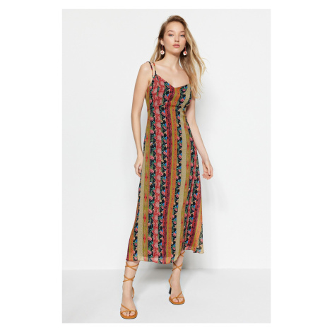 Trendyol Multicolored Patterned A-Cut Strap Midi Lined Woven Dress