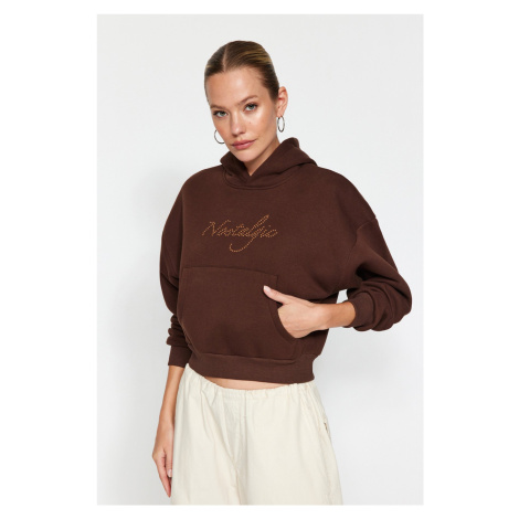 Trendyol Brown Stone Motto Printed Crop Regular/Regular Fit Hooded Knitted Sweatshirt