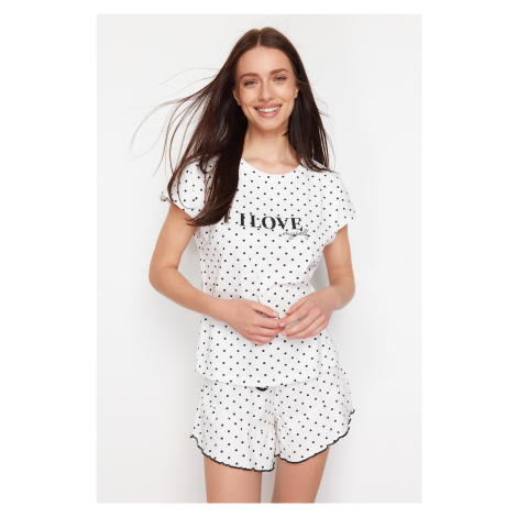 Trendyol White Cotton Polka Dot and Slogan Printed Knitted Pajamas Set