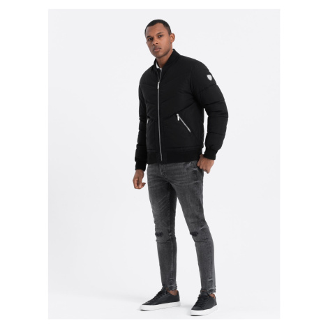 Ombre Men's quilted bomber jacket with metal zippers - black