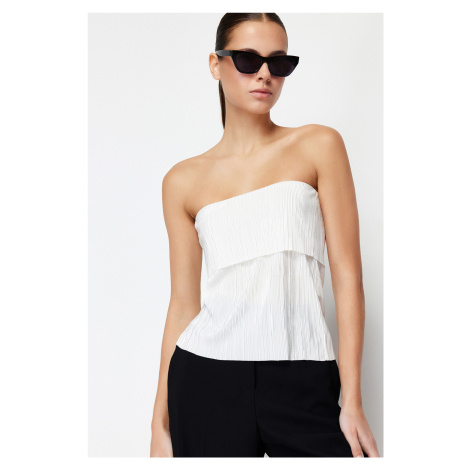 Trendyol White Pleat Strapless Regular Flexible Knitted Blouse