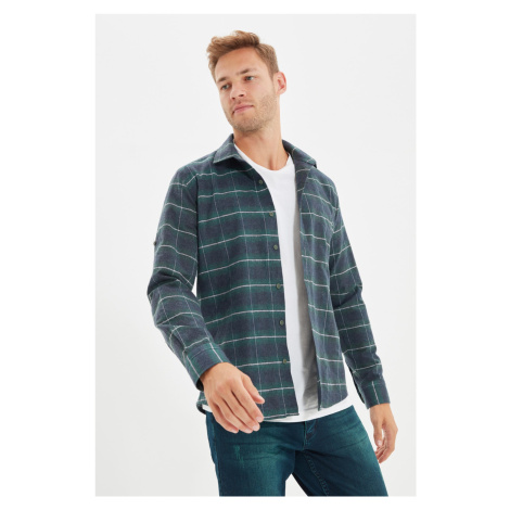 Trendyol zelená slim fit košeľa s epauletami a károvaným vzorom lumberjack